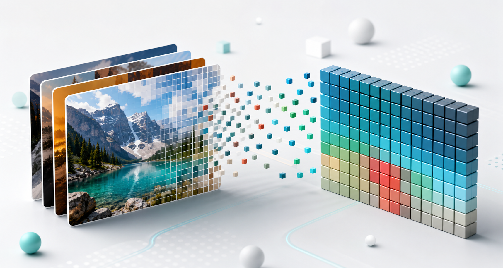 Layered image thumbnails transforming into a structured array grid
